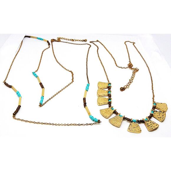 VTG 2 Extra Long Layering Faux Turquoise Gold Tone Beads Necklaces 38" & 27 " - Picture 1 of 1